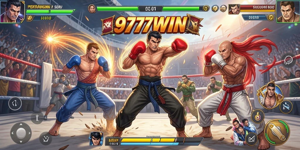 Screenshot utama 9777WIN dengan karakter sedang bertarung di arena.