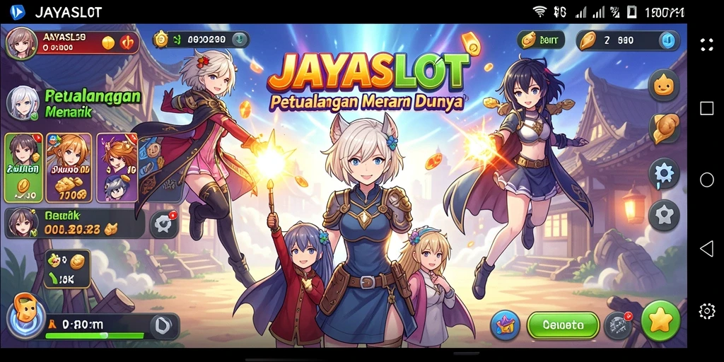 Tampilan gameplay JAYASLOT yang penuh warna dengan karakter anime menarik.