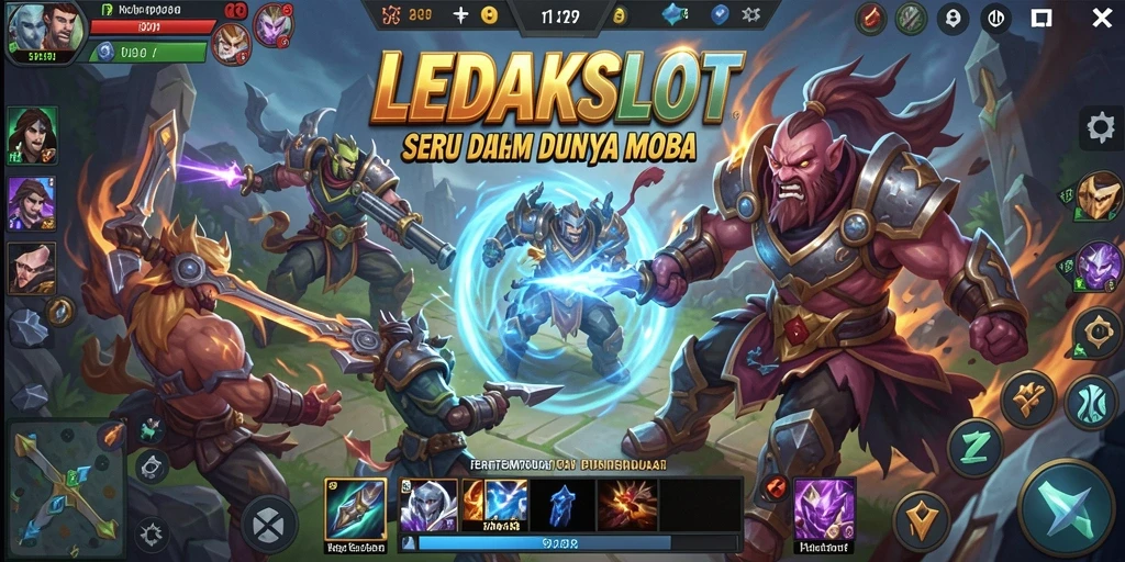 Gameplay seru dari LEDAKSLOT yang menampilkan pertempuran tim MOBA.