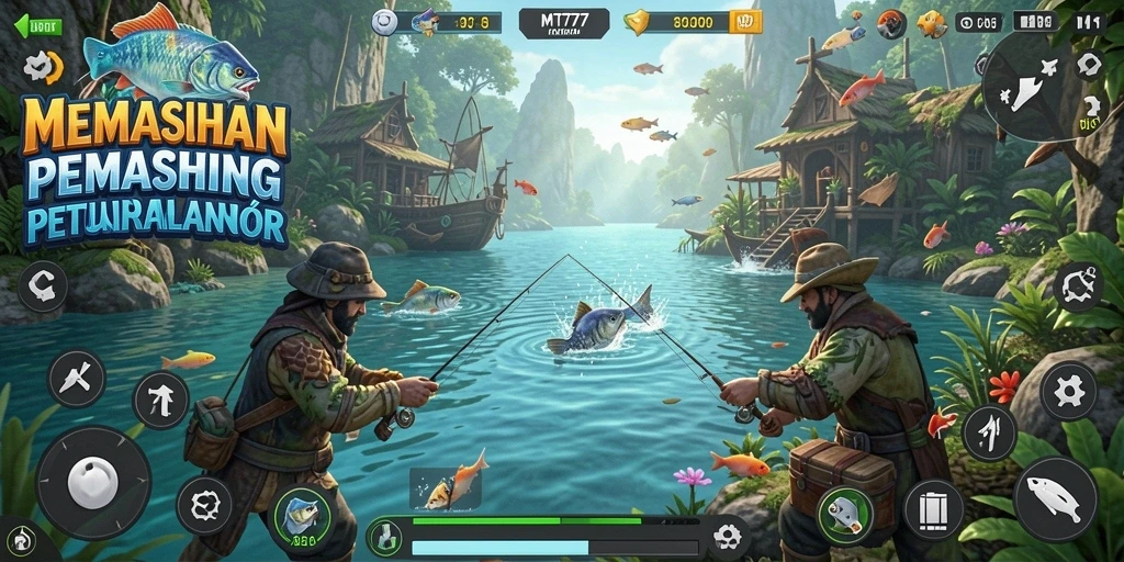 Screenshot MT777 menampilkan momen seru saat menangkap ikan.