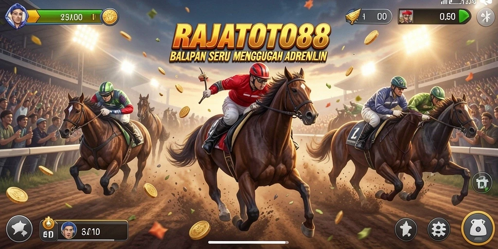 Screenshot gameplay RAJATOTO88 dengan balapan mendebarkan di lintasan.