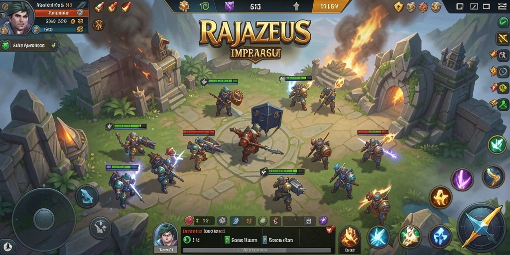 Tampilan gameplay RAJAZEUS yang menampilkan aksi pertempuran dan pembangunan.