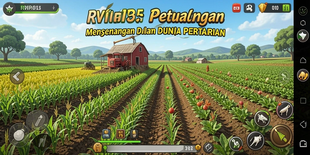 Screenshot gameplay <strong>RVIP5</strong> menunjukkan ladang hijau dan aktivitas bertani yang menarik.