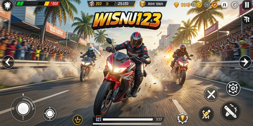 Screenshot utama menampilkan aksi balapan motor yang mendebarkan.